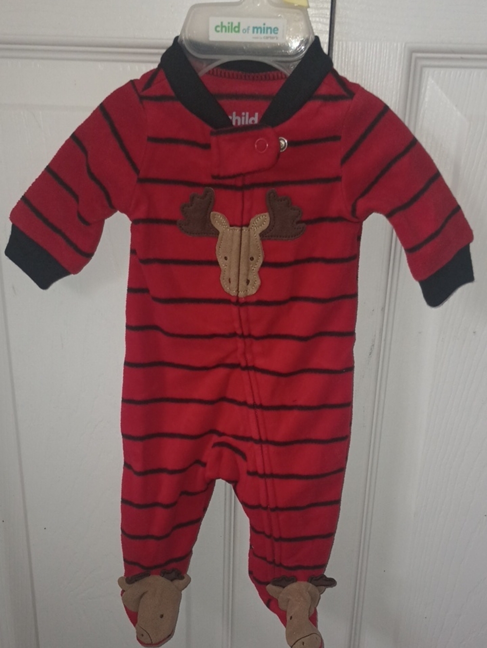 Carter's Red and Black Striped Moose Footed One-Piece